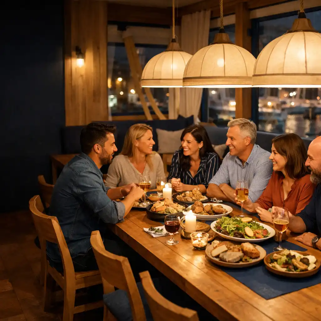 Dorośli goście przy długim drewnianym stole w ciepło oświetlonym wnętrzu restauracji