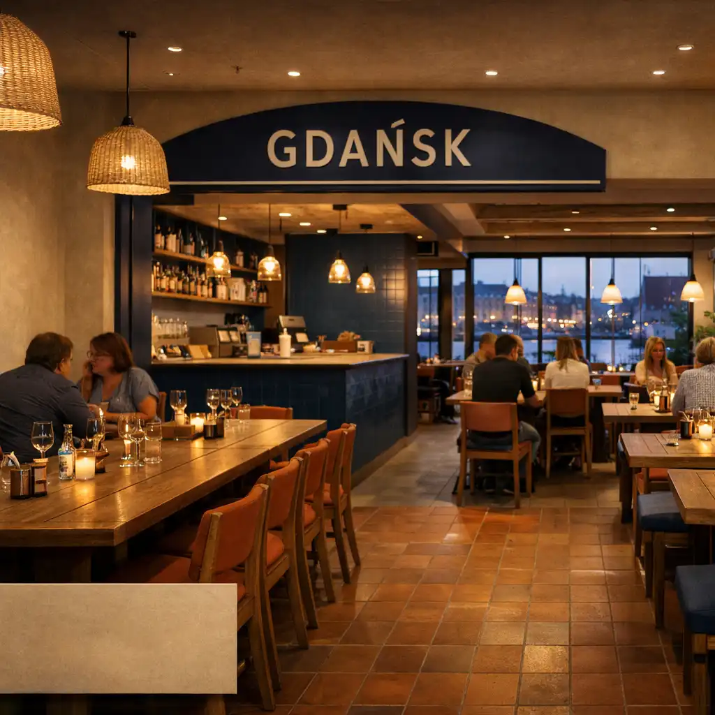 Ciepłe wnętrze restauracji z drewnianymi stołami i portowymi akcentami