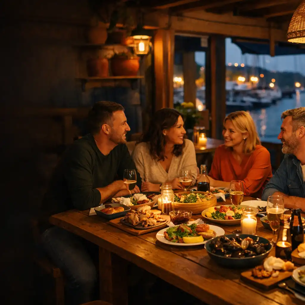 Dorośli przyjaciele przy długim drewnianym stole z daniami i napojami w ciepłym wnętrzu restauracji