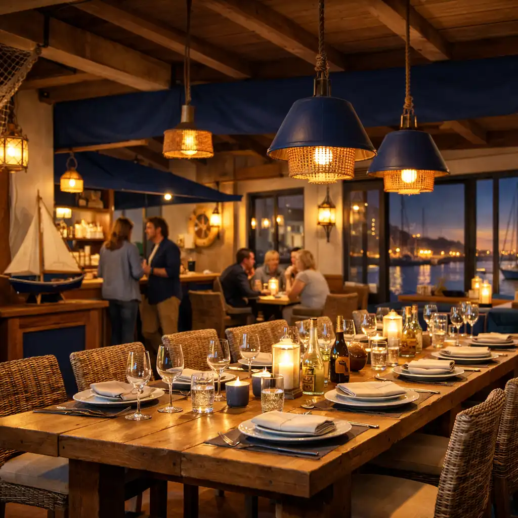Wieczorne wnętrze restauracji z drewnianymi stołami i ciepłym światłem