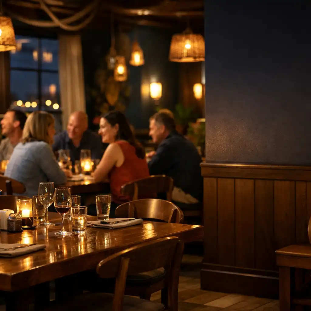 Ciepło oświetlone wnętrze restauracji z dorosłymi gośćmi przy drewnianych stołach